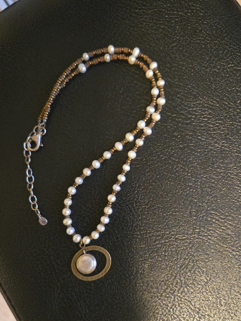 Silpada N1894 Go Coastal Pearl Brass and SS Necklace